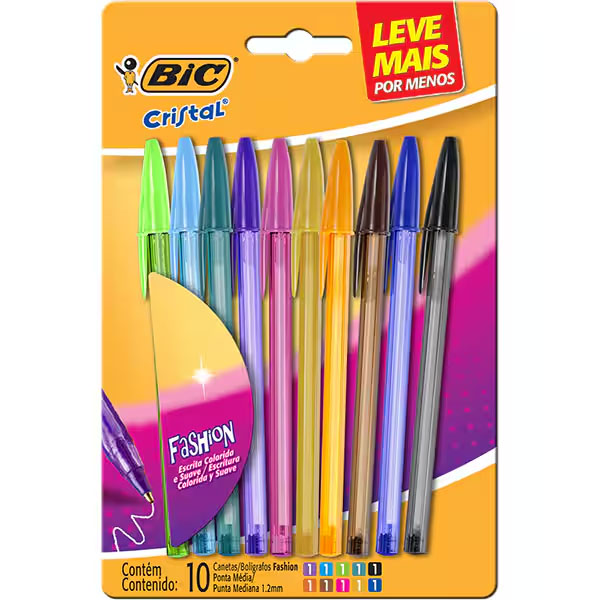 Caneta Esferográfica BIC Escrita Média Cristal Fashion 10 Cores Leve Mais Por Menos BT 1 UN