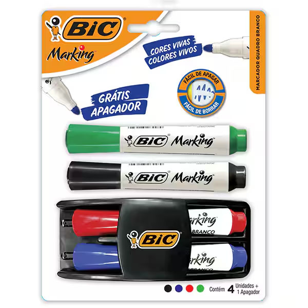 Kit Pincel Marcador Quadro Branco BIC com Apagador Marking, 4 Cores Clássicas BT 1 UN